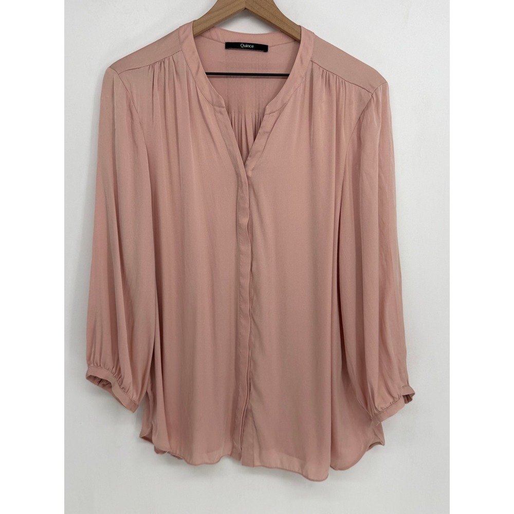 Quince Silk Blend Blouse XL Pink Pleated V-Neck Long Sleeve Business Casual